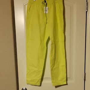 NWT. J. Crew Neon Green Elastic Waist Pants. Size 8. Linen/cotton